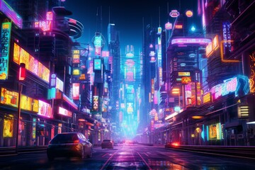 Edgy Neon city cyberpunk. Urban asian tourist. Generate Ai - obrazy, fototapety, plakaty