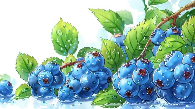   A branch adorned with blueberries sits atop green leaves, dripping with water