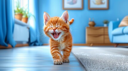   An orange-and-white cat yawns as it walks across the blue floor In the room, a blue couch is present