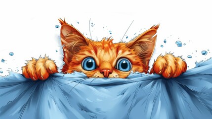   A tight shot of a cat peeking from behind a blue fabric, dotted with water droplets