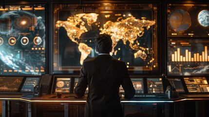 A man is sitting in front of a computer monitor with a map of the world on it. He is wearing a suit and tie