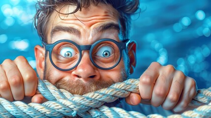   A tight shot of a person wearing eyeglasses as they grasp a rope in their hands