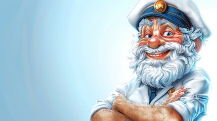   A man in a beard and sailor hat is depicted with crossed arms and legs - obrazy, fototapety, plakaty