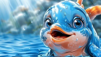   A tight shot of a fish with water beads on its face, situated in a water body, surrounded by a cityscape in the backdrop - obrazy, fototapety, plakaty