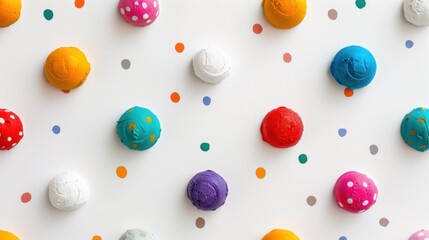 An array of colorful three-dimensional paint dots and smaller flat spots creates a playful and...