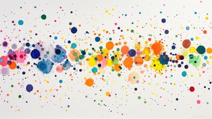 A dynamic composition of colorful watercolor dots creates a lively spectrum across a white canvas,...