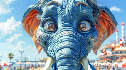   A tight shot of an elephant statue, its face daubed with blue paint A throng of bystanders populates the background