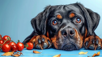   A tight shot of a dog reclining on a table, surrounded by scattered cherry tomatoes - obrazy, fototapety, plakaty