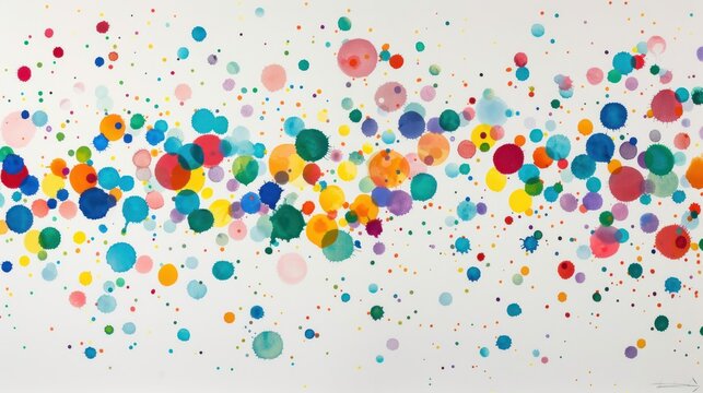 A vibrant array of watercolor splashes in a spectrum of colors scattered across a white canvas, creating an energetic and joyful artwork.