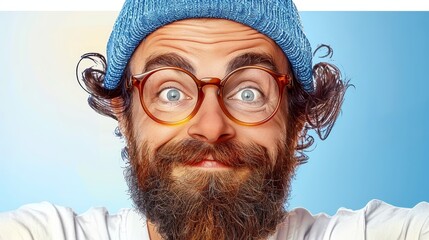   A tight shot of a person donning glasses and a blue hat, expressions a shocked countenance - obrazy, fototapety, plakaty