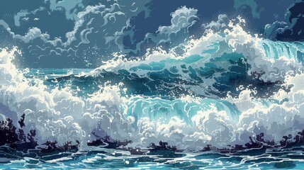 Fototapeta premium A painting of a wave crashing on a rocky shore. The mood of the painting is powerful and dramatic, with the waves towering over the rocks. The artist has captured the energy