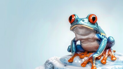   A blue frog perches atop a cake, its red eyes contrasting against the icing's smooth surface - obrazy, fototapety, plakaty
