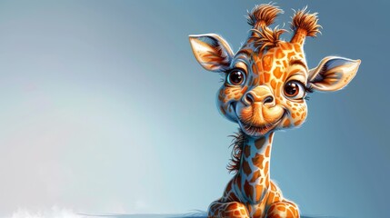   A painting of a baby giraffe in the water, gazing back with its head - obrazy, fototapety, plakaty