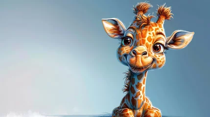 Foto op Plexiglas   A painting of a baby giraffe in the water, gazing back with its head © Jevjenijs