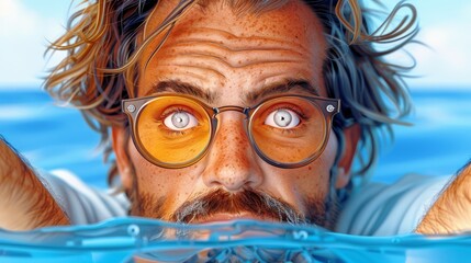   A man in glasses, eyes wide with surprise, stares into the camera while swimming in clear waters - obrazy, fototapety, plakaty