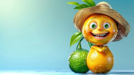   A orange with a straw hat atop, adjacent to a green apple