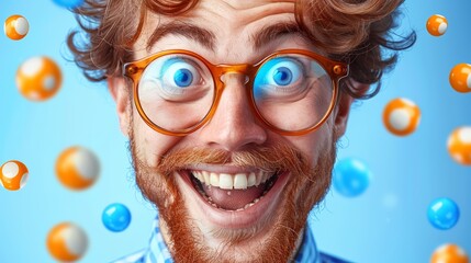   A tight shot of an individual donning spectacles and a beard, with blue and orange orbs emerging from their eyes - obrazy, fototapety, plakaty