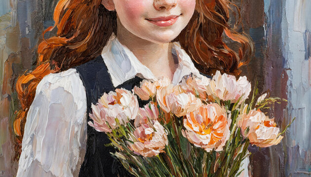 Portrait of a young red-haired girl holding flowers. Fragment of oil painting on canvas.