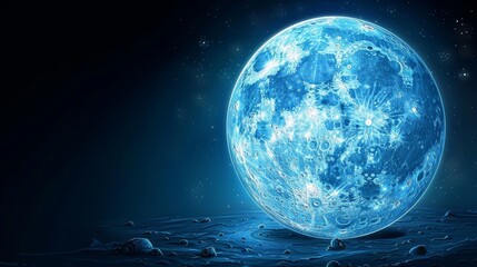   A large, blue moon hovering over a tranquil body of water, surrounded by bubbles on its surface and adorned with twinkling stars above