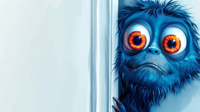   A blue monster peeks out from behind a white wall, its orange eyes contrasting against its hue It holds a red orb in its mouth