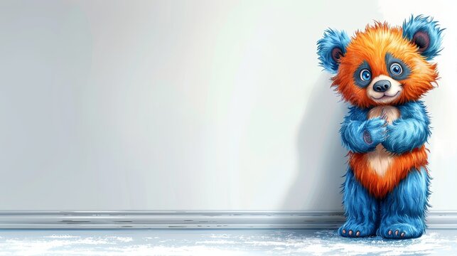   A blue-and-orange  bear, hands on chest, arms crossed, faces a white wall