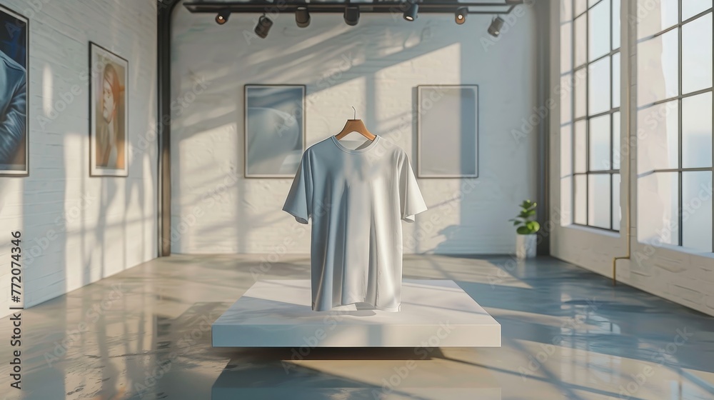 Wall mural A white shirt is hanging on a rack in a room with a window. The room is empty and has a minimalist feel