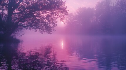 A tree is reflected in the water of a lake. The sky is pink and the water is purple - obrazy, fototapety, plakaty