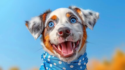   A tight shot of a dog wearing a bandana and displaying an open mouth