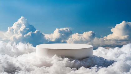 White round podium for presentation above fluffy clouds under blue sky. Minimal empty scene. Product placement