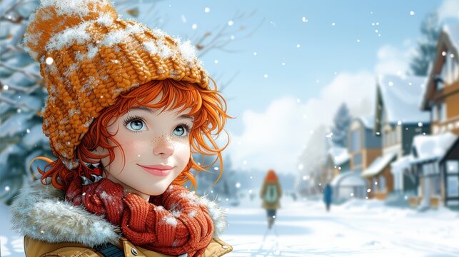   A painting of a red-haired girl in a knitted hat and scarf, surrounded by snow