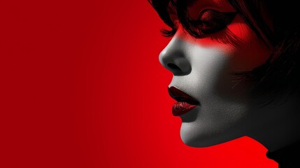   A woman's face, tightly framed, dons red and white makeup against a bold red backdrop