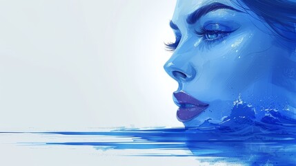  A woman's face, closely framed, bears blue paint smears Foreground holds clear water