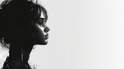  A monochrome image of a woman's face featuring a paint splatter by her cheek - obrazy, fototapety, plakaty