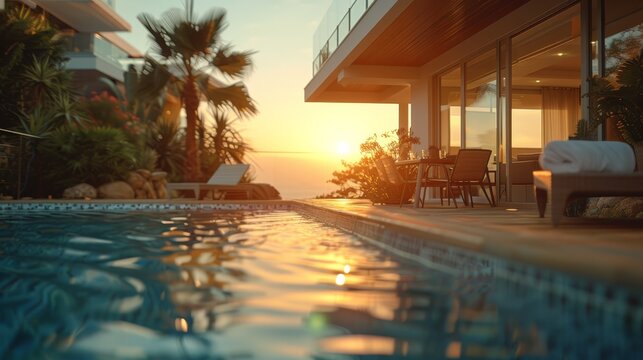   A house facing a swimming pool, sun sets behind ocean