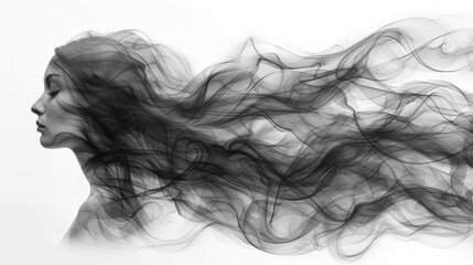   A monochrome image of a woman's face with smoke rising from behind