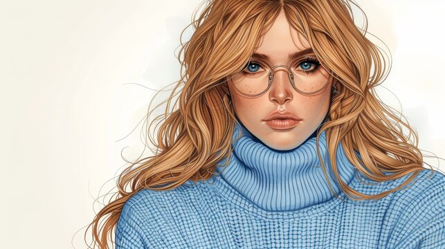   A painting of a woman in a blue turtleneck sweater, long blonde hair, and holding blue eyeglasses