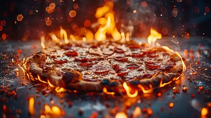   A pizza atop a metal pan over open fire, pepperoni arranged on a blackened surface beneath