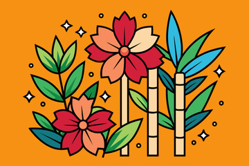 boho style flower line art colorful Bamboo Illustration