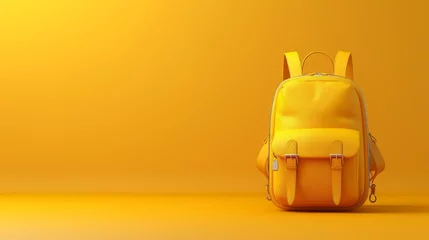 Foto op Canvas   A yellow backpack atop a yellow floor, facing a yellow wall with a similar hue behind it © Jevjenijs