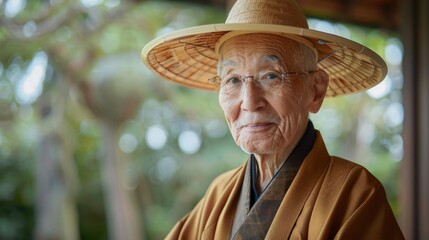celebration of the Founding Day of the State of Japan, portrait of an elderly Japanese man in a national Japanese costume, kasa, national headdress. - obrazy, fototapety, plakaty
