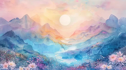 Fotobehang Sunrise Serenity A Watercolor Painting of a Mountain Sunrise Generative AI © Bipul Kumar