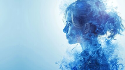   A profile of a woman with smoke  emanating from her face, and hair forming the shape of a female head