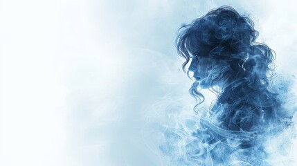   A woman's visage is veiled in smoke against a pristine white backdrop, her features defined by swirling blue smoky shadows
