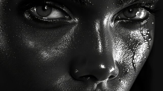   A monochrome image of a woman's face submerged in water