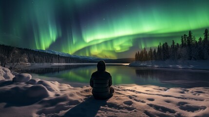 A person is sitting on the snow and looking at the sky - obrazy, fototapety, plakaty