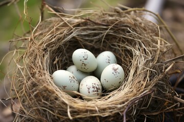 Naklejka na ściany i meble Protected Nest bird eggs natural. Animal farm. Generate Ai