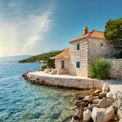 Peel and stick wallpaper Mediterranean Europe stonehouse on the coast of the sea