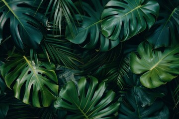 closeup nature view of green leaf and palms background. Flat lay, dark nature concept, tropical leaf - generative ai