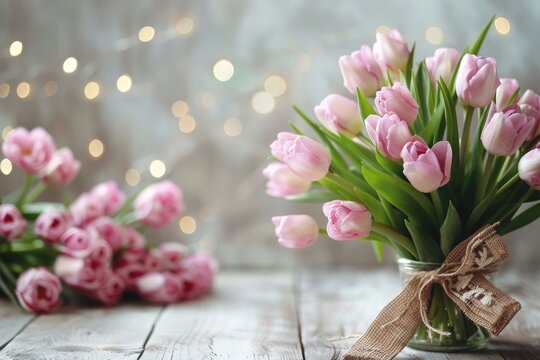 Flowers composition for Women's Day. Pink flowers on old white wooden background. ai generated