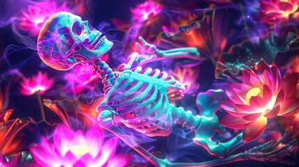 A vibrant neon-lit skeleton relaxing amongst luminous lotus flowers in an ethereal fantasy world.